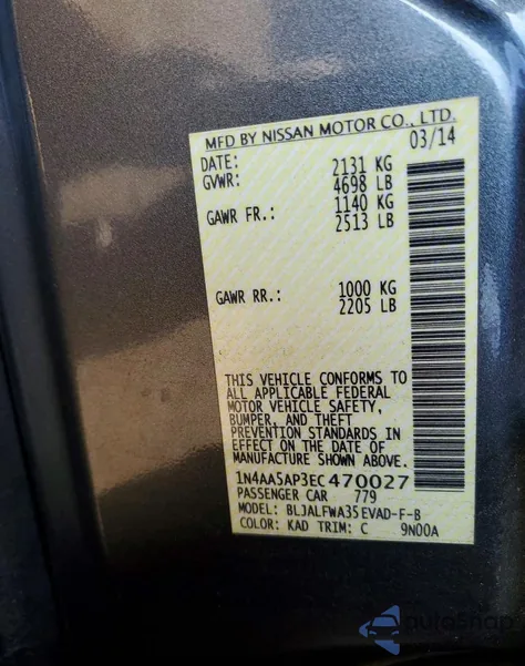 2014 Nissan Maxima S z USA, uszkodzony, nr VIN 1N4AA5AP3EC470027